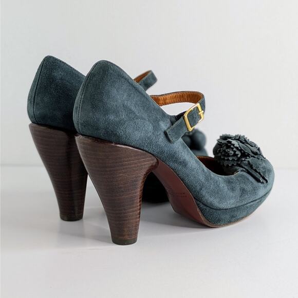 Chie Mihara Mary Jane Platform Heels 37 Blue Suede Floral Retro Glam Pinup - Picture 15 of 16
